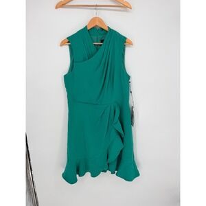 Adrianna Papell Chiffon Ruffle Dress 12 Green Draped Sleeveless Wedding Guest